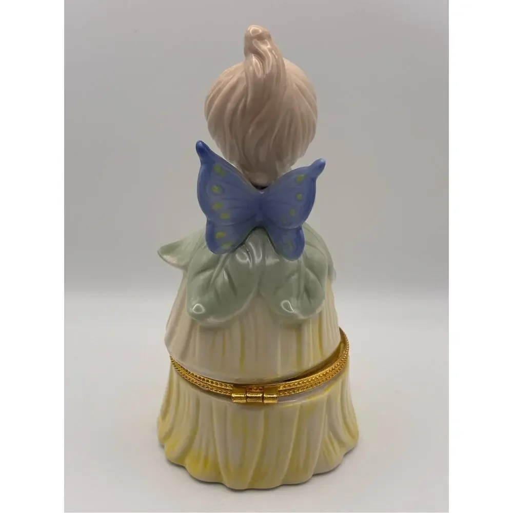 Vintage Porcelain Pixie or Fairy Hinged Trinket Box in Petal-Shaped Dress